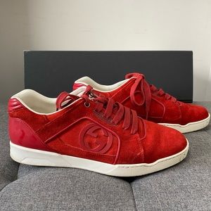 Gucci Red Suede Lace Up Sneaker. Mens